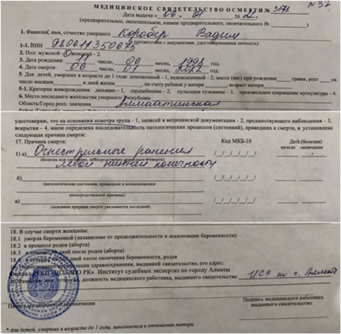  Medical certificate on the death of Vadim Korober. Photos from loved ones. 