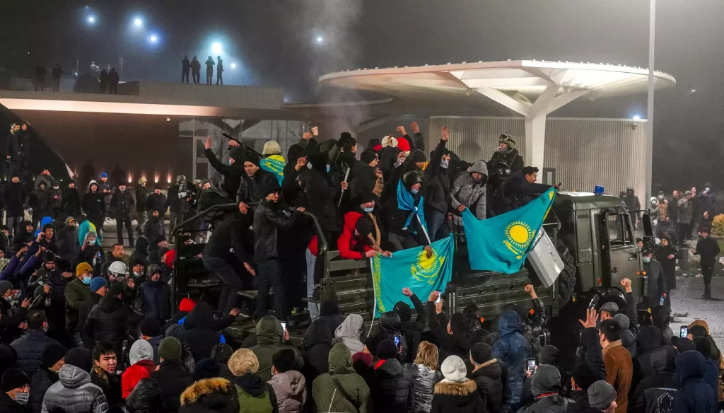 The republic's winter of discontent began with peaceful protests over a hike in fuel prices Abduaziz MADYAROV AFP